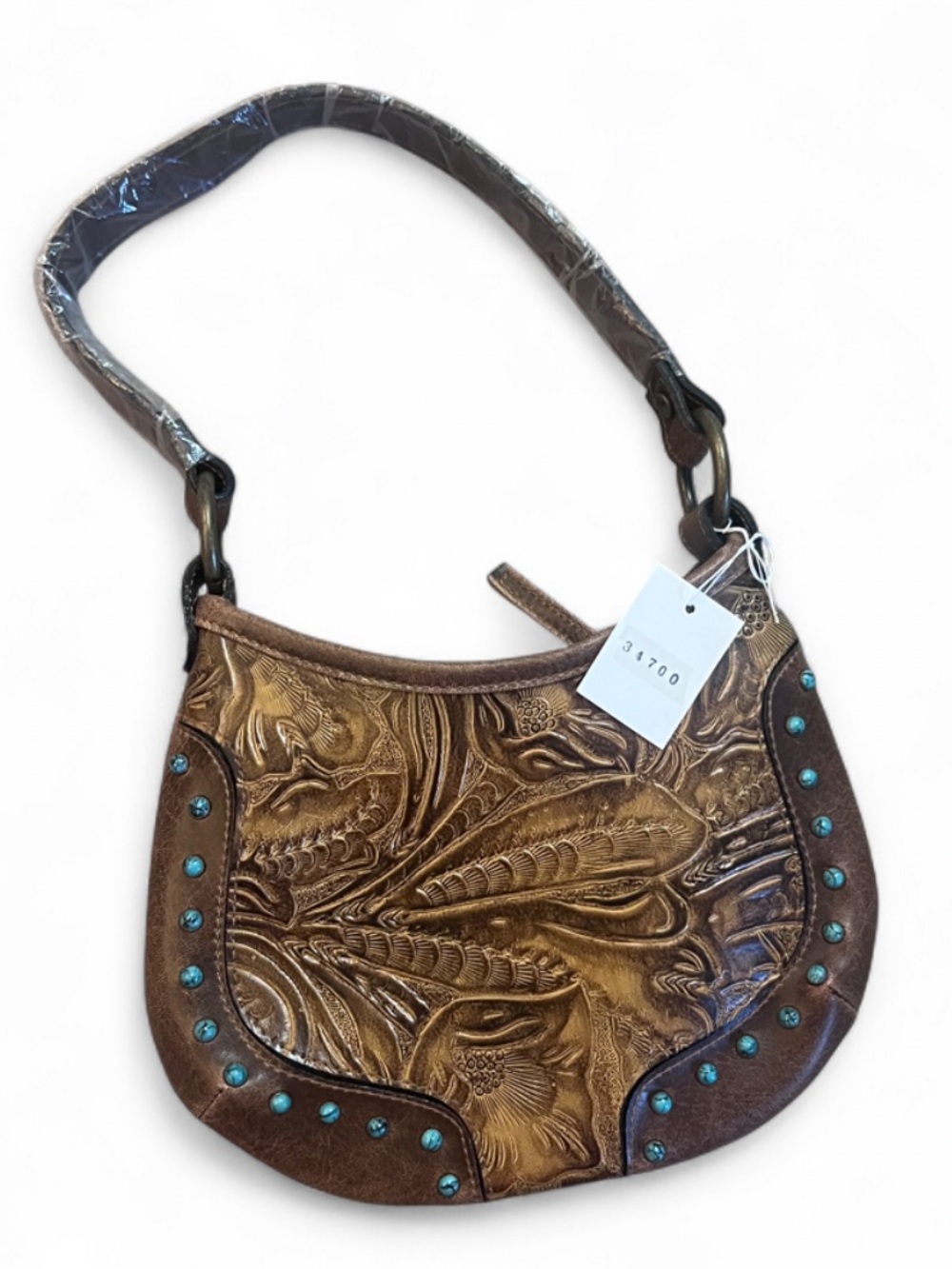 ✨NWT Women’s Brown Tooled Leather Shoulder Bag with Turquoise Accents